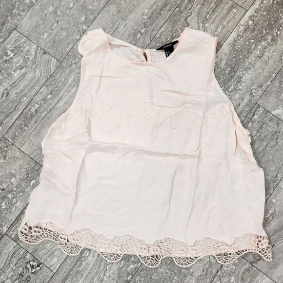 🇬🇪🍑Forever 21 Light Pink Floral Print Embroidered Lace Sleeveless Top Large - Picture 1 of 9